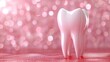 © Vodkaz - A shiny, pink model of a tooth set against a sparkling pink bokeh background, representing dental health and care in a whimsical and vibrant style