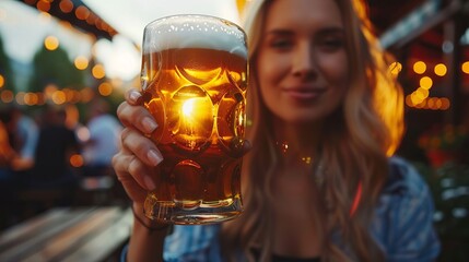 Traditional Bavarian Young Woman Enjoy Drinking Glass Of Beer In A Cozy Bar