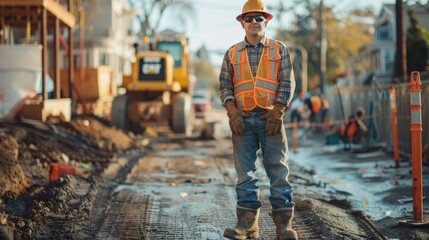 A construction worker in safety gear standing on a muddy construction site with machinery and workers in the background, showcasing the construction industry's hard work