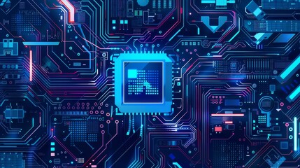 Digital vector illustration of a computer motherboard featuring a chip, processor, and semiconductor on a technology-themed background with interconnected blue lines and electronic components.