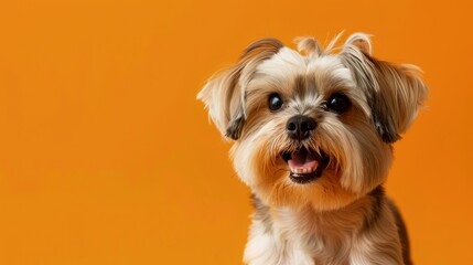 portrait of smiling yorkshire terrier on bright orange isolated background with copy space.