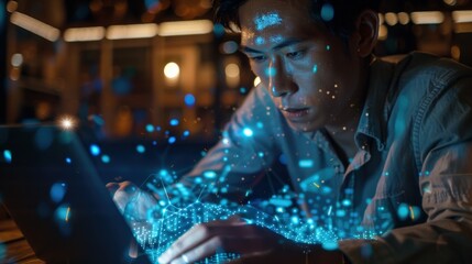 A cybersecurity expert works on a laptop at night, with a holographic display of data above the keyboard