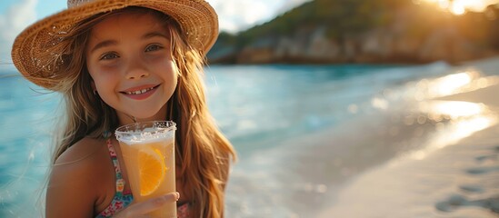 Wall Mural - Smiling Girl on the Beach with a Tropical Drink