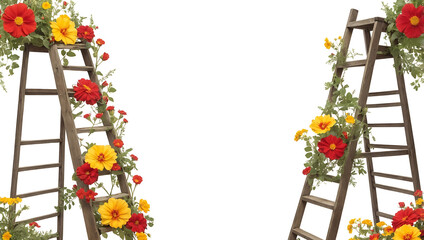 Flowers, wooden stairs on a white background