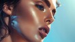 © VarunyuAi - Close-up portrait of a woman with glowing, dewy skin, glossy lips, and striking makeup against a blue background. Beauty and skincare concept.