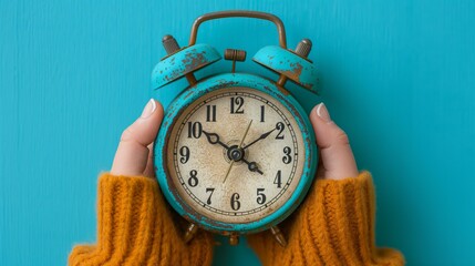 Wall Mural - Hands holding alarm clock on blue background