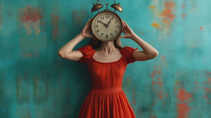 A woman in a red dress holds a vintage alarm clock