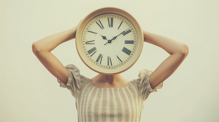 A woman in a dress holds a watch with Roman numerals