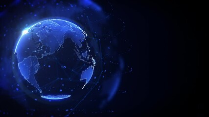 Fototapete - Digital earth global data network connection rotating on the left side of blue space background. Technology futuristic world map sphere with lens flare 4K motion background.
