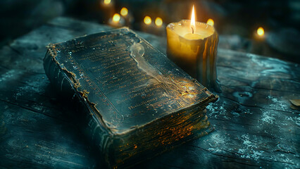 Old book and burning candle