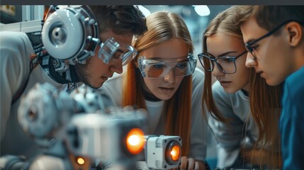 Aufkleber - Team of students brainstorming to invent a robot. Generative AI.