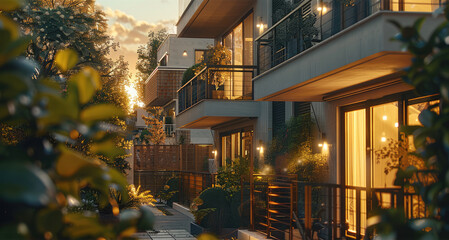 Poster - Urban townhouse, A stylish townhouse in a bustling city, showcasing a modern exterior with a small front garden or balcony. Generative AI.
