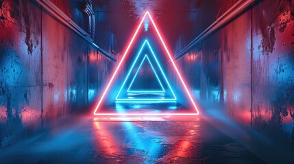 Leinwandbilder - Neon triangle, blue and red lights, dark room, concrete floor, 3D futuristic background. Generative AI.