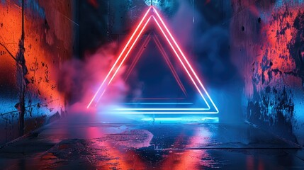 Leinwandbilder - Neon triangle, blue and red lights, dark room, concrete floor, 3D futuristic background. Generative AI.