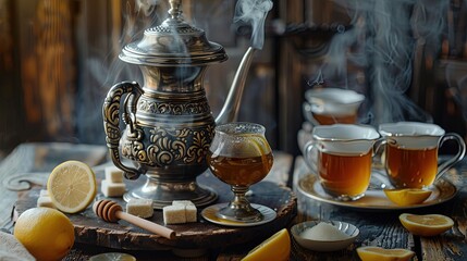 A set of traditional Russian samovars on a wooden table, with steaming cups of black tea and a plate of lemon slices, honey, and sugar cubes