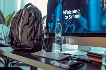 A sleek backpack, a premium pen, and a water bottle on a modern desk, with 