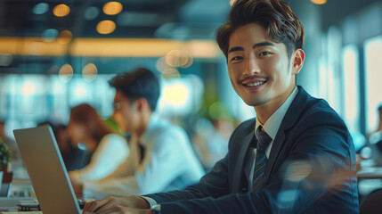 Poster - A team of happy, smiling, handsome, and smart-looking young Asian business executives working in an efficient and modern office. Generative AI.