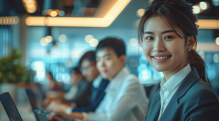 Poster - A team of happy, smiling, handsome, and smart-looking young Asian business executives working in an efficient and modern office. Generative AI.