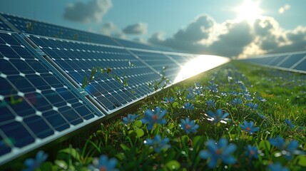Aufkleber - Rows of advanced photovoltaic panels meticulously installed on a vibrant grassy field, with the panels gleaming under a bright midday sun. Generative AI.