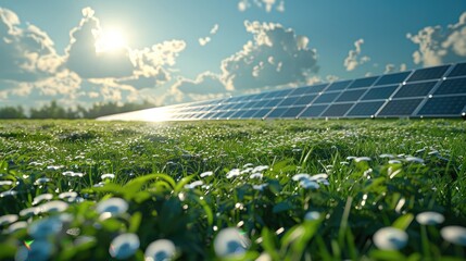 Aufkleber - Rows of advanced photovoltaic panels meticulously installed on a vibrant grassy field, with the panels gleaming under a bright midday sun. Generative AI.