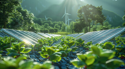 Wall Mural - Photovoltaic panels surrounded by green plants in the background. The solar panels are covered with sunlight, wind turbines, wind power generation devices, or fan machines. Generative AI.