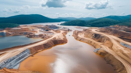 An aerial view of a mining site near a river delta, with complex water management systems, high-resolution photo, realistic photo, cinematography, hyper realistic