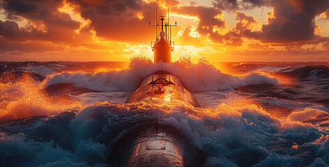 Wall Mural - Submarine navigating stormy seas at sunset. The vessel cuts through the waves, with the golden hues of the setting sun reflecting off the turbulent water. Generative AI.