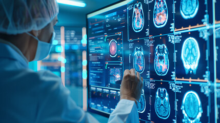 a doctor is looking at a computer monitor displaying a brain scan. the doctor is wearing a white lab