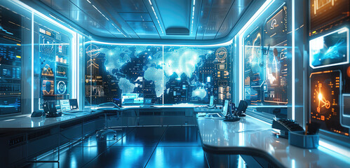 Poster - A high-tech office space with advanced holographic displays and digital interfaces. Generative AI.
