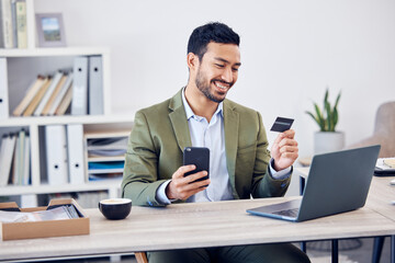 Poster - Office, smile and man with credit card by phone for online banking, payment and information. Happy, trader and fintech with laptop at desk for economy investment, transaction or stock market purchase