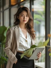 Leinwandbilder - Asian business woman with blazer standing while using laptop looking youthful and joy. Generative AI.