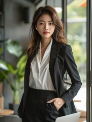 Leinwandbilder - Asian business woman with blazer standing while using laptop looking youthful and joy. Generative AI.