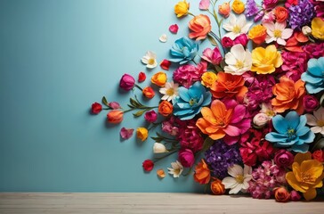 Wall Mural - Vibrant mix of colorful flowers creates stunning visual display against pale blue background