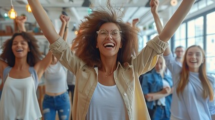 Poster - Happy people in a office. Generative AI.