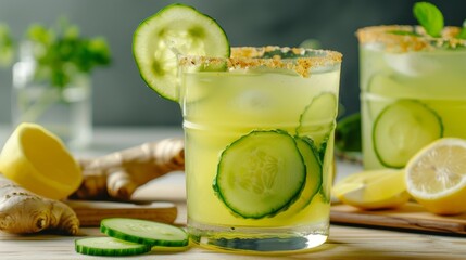 Wall Mural - Refreshing cucumber and lemon drink in a glass. Cool beverage styled with cucumber slices on a wooden table. Ideal for summer and health-related concepts. AI