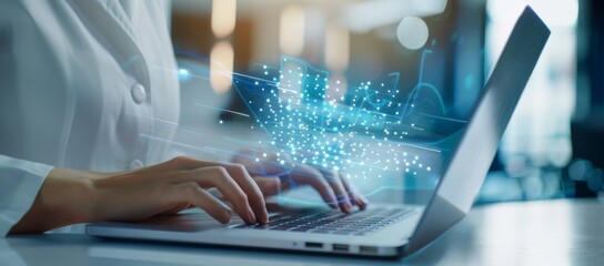 person holding laptop with digital documents and floating digital elements representing filePlanet