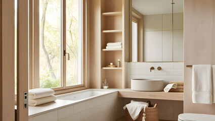 A serene Scandinavian-inspired bathroom scene, bathed in soft, warm natural light pouring through a large window with minimalist white shades. generative ai