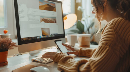 Poster - A Caucasian person looking at the phone stand on a desk next to an PC while typing on the keyboard, clean beige wall in the blurred background. Generative AI.