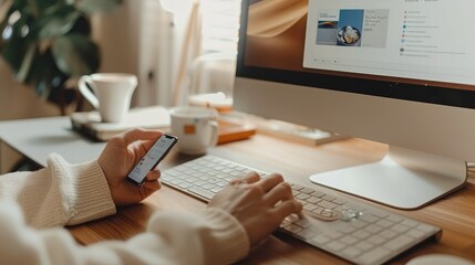 Poster - A Caucasian person looking at the phone stand on a desk next to an PC while typing on the keyboard, clean beige wall in the blurred background. Generative AI.