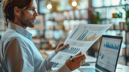 Poster - A person holding a financial report, analyzing data with a focused expression. professional attire, office environment with a desk. Generative AI.