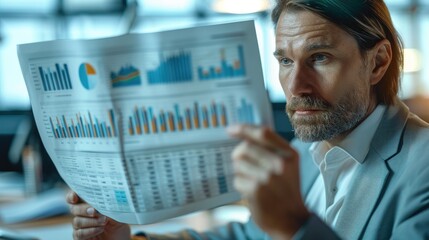 Poster - A person holding a financial report, analyzing data with a focused expression. professional attire, office environment with a desk. Generative AI.
