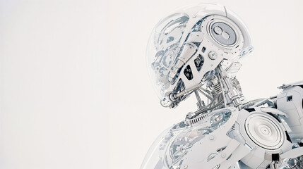 Artificial robot mechanism made of transparent glass and mechanical elements on white clean background