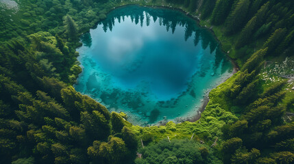 Clear blue water small lake in the middle of a green forest.