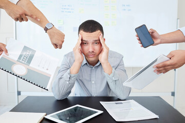 Canvas Print - Man, stress and hands for multitask in office, documents and sad for chaos at desk. Overworked, burnout or overwhelmed by deadline for accountant person, manager and workplace for annual report audit