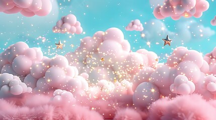 Wall Mural - Dreamy Pink Clouds With Glowing Stars and Sparkles