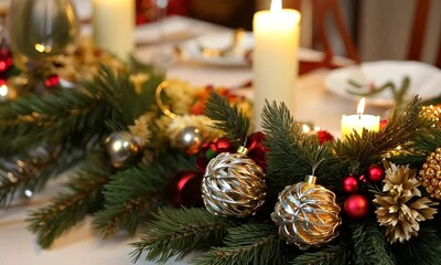 Canvas Print - A table with candles and a Christmas tree decoration. The candles are lit and the table is set for a festive meal