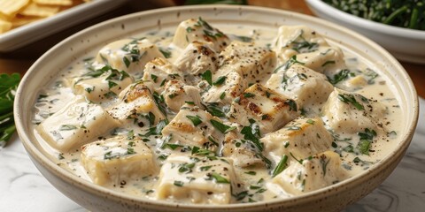 Wall Mural - Creamy Herb Chicken Dish in Bowl With Parsley Garnish, Perfect for Comfort Food Lovers and Delicious Home-Cooked Family Meals