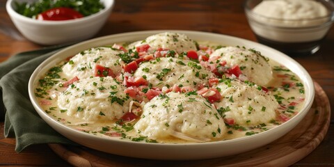 Wall Mural - Delicious Homemade Italian Stuffed Pasta Shells in Creamy White Sauce with Herbs and Tomato Garnish on Wooden Table for Dinner