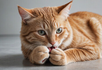  A cat meticulously licking its paw to clean itself. 