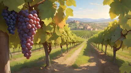 Wall Mural - In a sun-drenched vineyard, vibrant clusters of ripe grapes hang from the vines, promising the rich flavors of summer's bounty captured in each plump fruit.	